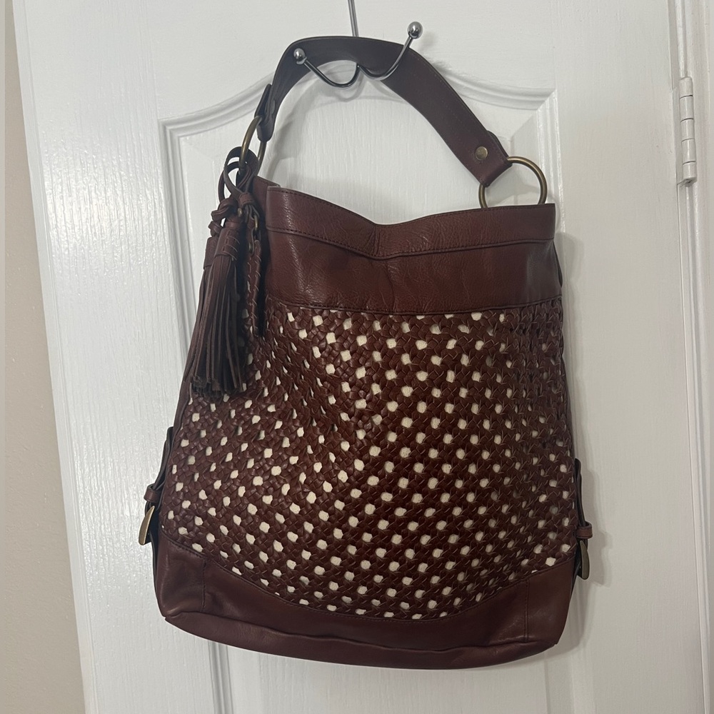 Isabella Fiore Brown and Cream Woven Hobo Bag